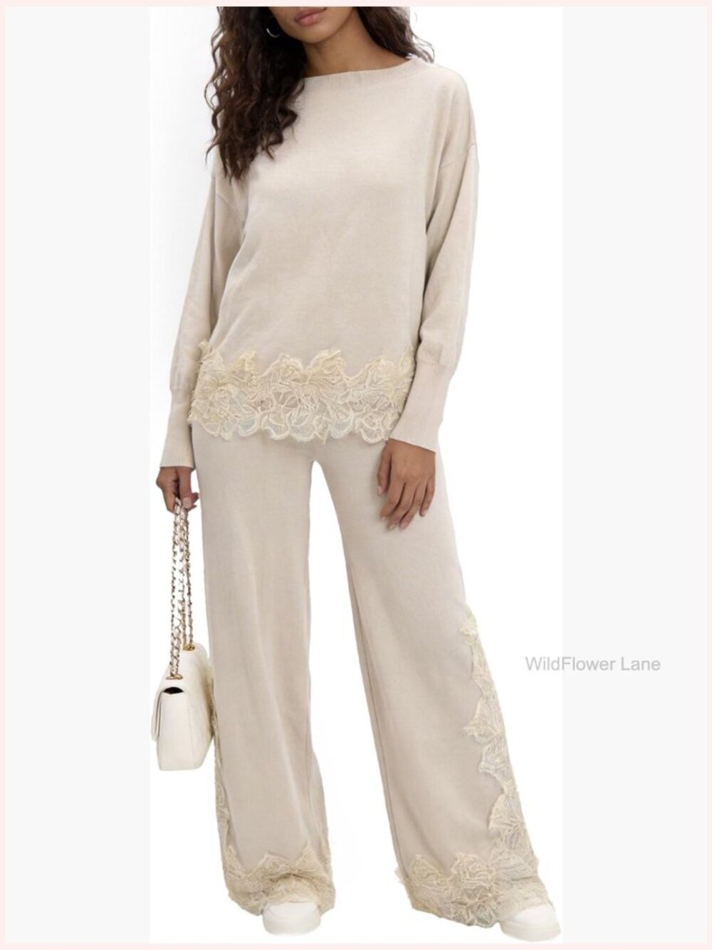 Long Sleeve Lace Trim Crop Blouse, 2 Piece Set Casual Lounge